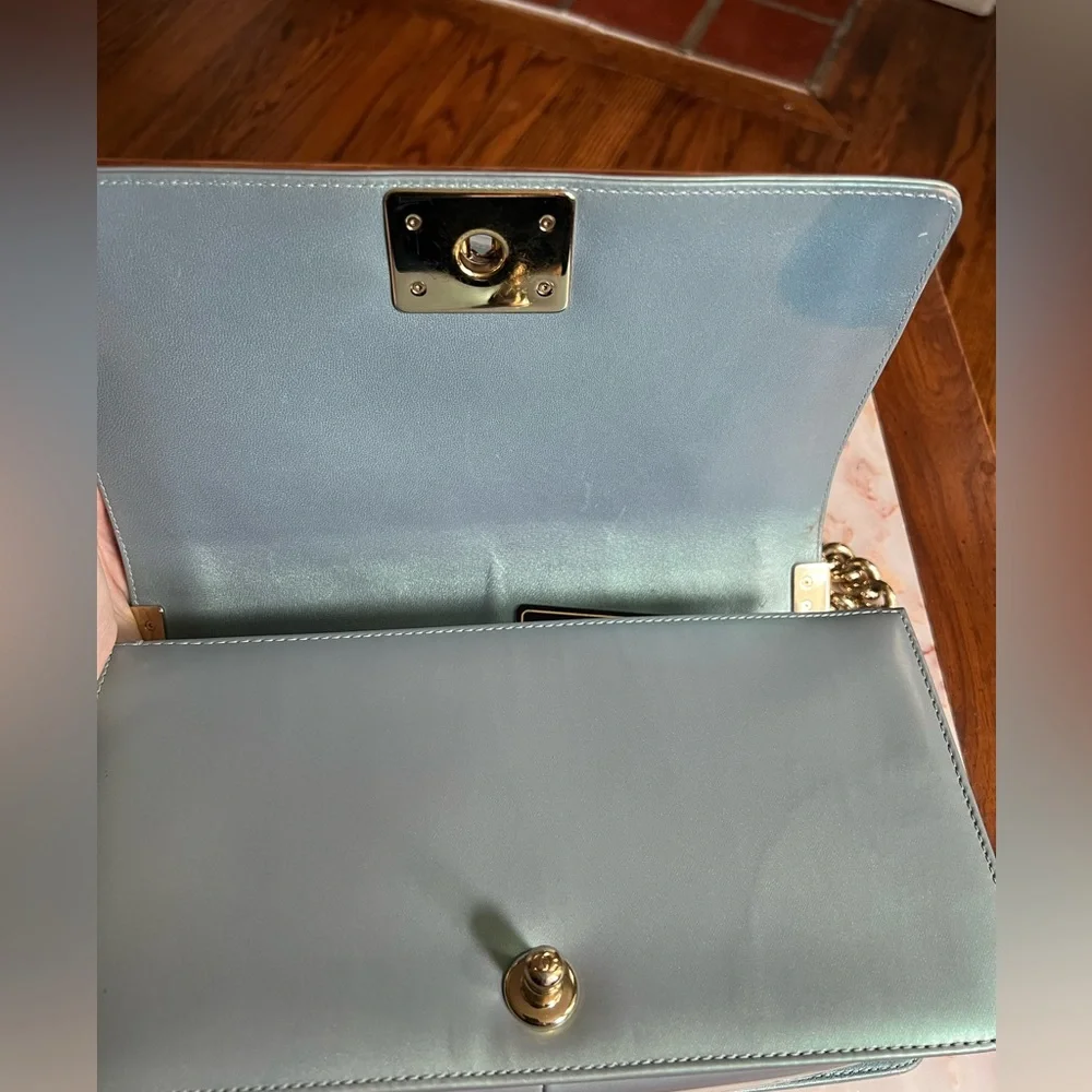 Chanel Quilted Blue Patent Leather Iridescent Medium Boy Bag
